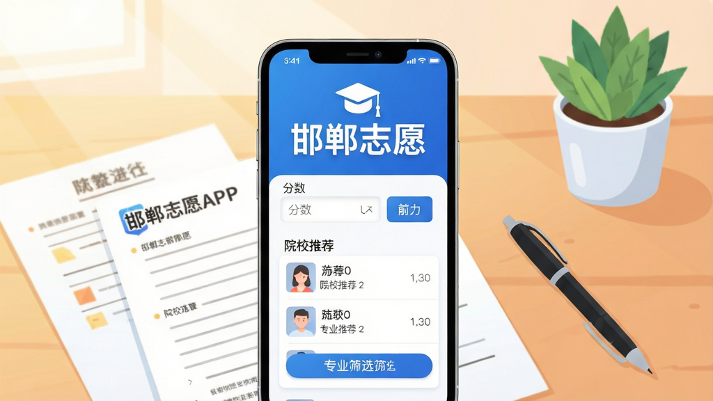 �����ֻ�Ӧ�ý���չʾͼ������������������(360,520)��Ϊ������ɫ�ĺ���־ԸAPP�����棬��Ļ�����ǰ�ɫ����־Ը�ĸ�������ѧʿñͼ�꣬�·��������з��������ԺУ�Ƽ��б���רҵɸѡ��ť����������(360,520)��Χ����Ϊ������ܰ����������������ɢ�����Ծ�����ɫǩ�ֱʺ�һ����ɫС���ԣ��ִ���ƽʸ���廭��������Ȼ�⣬ɫ�����죬ϸ�ڷḻ