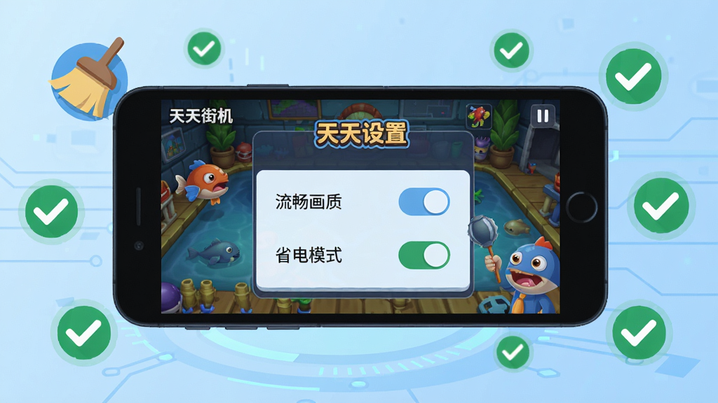 天天街机捕鱼手机端流畅运行演示配图,画面主体坐标中央是一部深色边框手机,屏幕显示天天街机捕鱼游戏画质设置面板,包含流畅画质与省电模式开关选项,手机四周环绕清理加速图标与绿色对勾符号,浅蓝色渐变科技感背景,简洁明快的教程配图风格,高清扁平插画质感