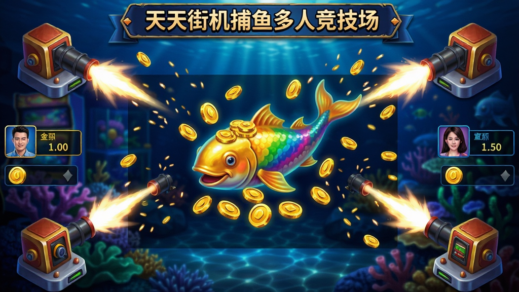 天天街机捕鱼真人联机对战房间画面,16:9构图,深海水族馆背景灯光绚丽,画面四个角落各有一座玩家炮台同时向中央开火,中央坐标区域一条七彩黄金鲸鱼携带巨额金币奖励缓缓游动,顶部横幅显示天天街机捕鱼多人竞技场字样,玩家头像与金币数面板分布在画面左右两侧,金币四处飞溅,高清电玩城街机游戏画面风格
