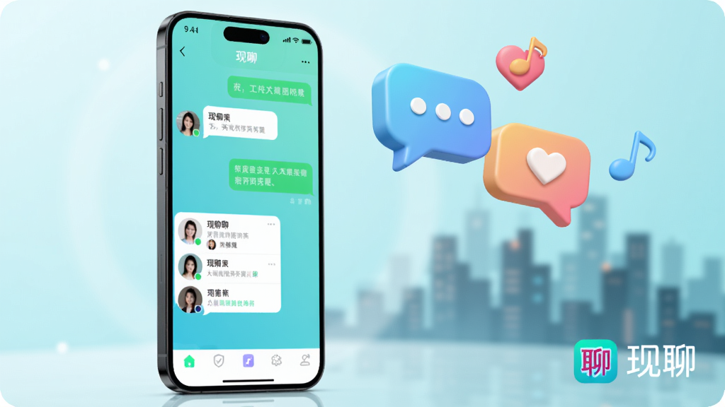 ����app��Ʒ����ͼ����������ƫ������һ����ջ�ɫ�����ֻ����ֻ���Ļ����չʾ����������棬ǳ����ɫ���������а�ɫ��Ϣ���ݡ�����ͷ���б���ײ����ܵ��������ֻ����Ϸ�Ư��������ɫ����Ի����ݺ���������װ��Ԫ�أ�����Ϊ��͵�ǳ��ɫ������δ����黯�ĳ���ҹ����Ӱ�����½�����������logo��������������ִ���Լ�ĿƼ���Ʒ��Ⱦͼ��񣬹�Ӱ��ͣ����ʸ���ϸ��