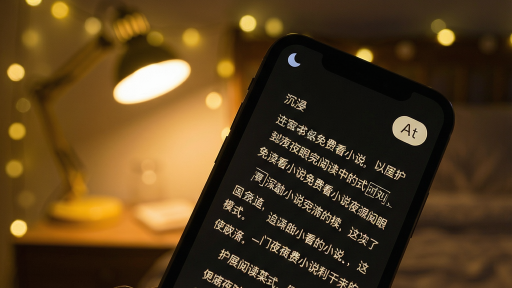 追书免费看小说夜间护眼阅读模式界面,手机屏幕置于画面中央偏上位置,屏幕显示深色背景搭配米白色正文文字的沉浸式阅读页,右上角悬浮月亮图标与字号调节按钮,背景为夜晚卧室暖黄色台灯氛围的虚化光斑效果,写实摄影风格,光影柔和自然,画面高清