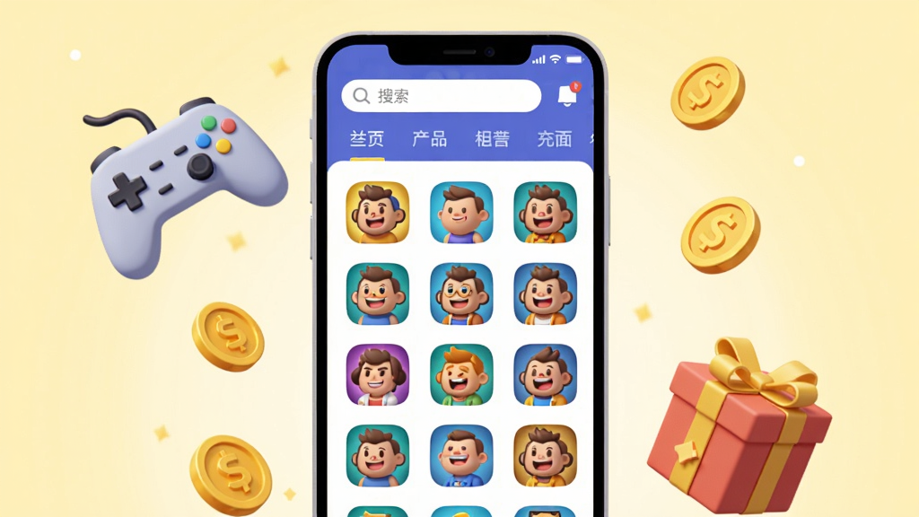 趣玩游戏APP游戏库界面概念插画,画面中央为竖放的手机屏幕,屏幕内整齐排列色彩鲜艳的卡通小游戏图标,顶部带有搜索栏与分类导航条,手机四周环绕立体的游戏手柄、金币与礼盒漂浮元素,背景为柔和的淡黄色光晕渐变,扁平矢量插画风格,光影干净,细节丰富