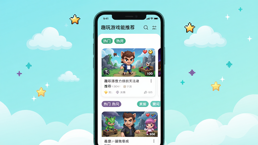 趣玩游戏智能推荐页面视觉图,画面主体为居中的手机,屏幕内显示游戏推荐信息流卡片与热门标签,背景为浅青色渐变并点缀轻盈的云朵与像素星星装饰,整体清新明快,扁平矢量风格,细节精致