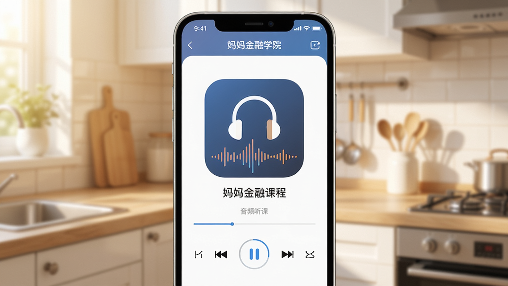 一张妈妈金融学院App音频听课功能展示图,画面主体坐标位于中央,一部手机屏幕显示妈妈金融学院的音频课程播放界面,带有耳机图标与跳动的声波效果,背景为浅暖色厨房一角并做虚化处理以突出主体,画面干净通透,界面细节清晰,现代扁平风格渲染
