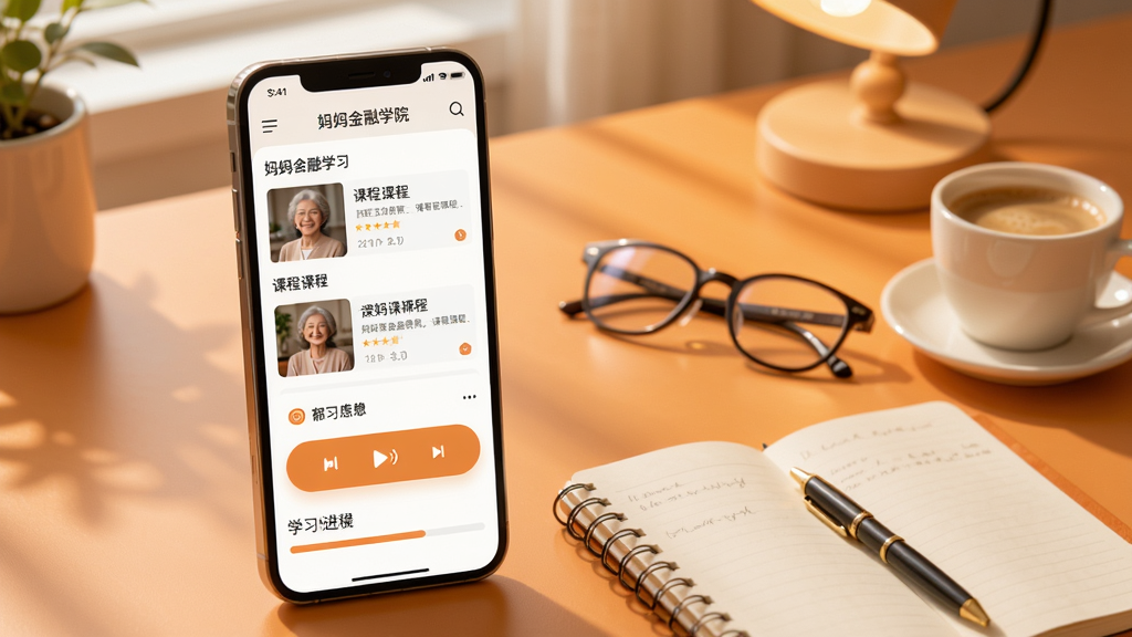 一张展现妈妈金融学院App整体风貌的手机应用宣传图,画面主体为一部竖立的智能手机位于画面中央偏左位置,屏幕中清晰展示妈妈金融学院的学习主页,包含课程列表、音频播放按钮与学习进度条,右侧背景区域为柔和的暖橙色书桌场景,摆放笔记本、眼镜与一杯咖啡,整体风格温馨明亮,细节丰富,高清产品渲染质感