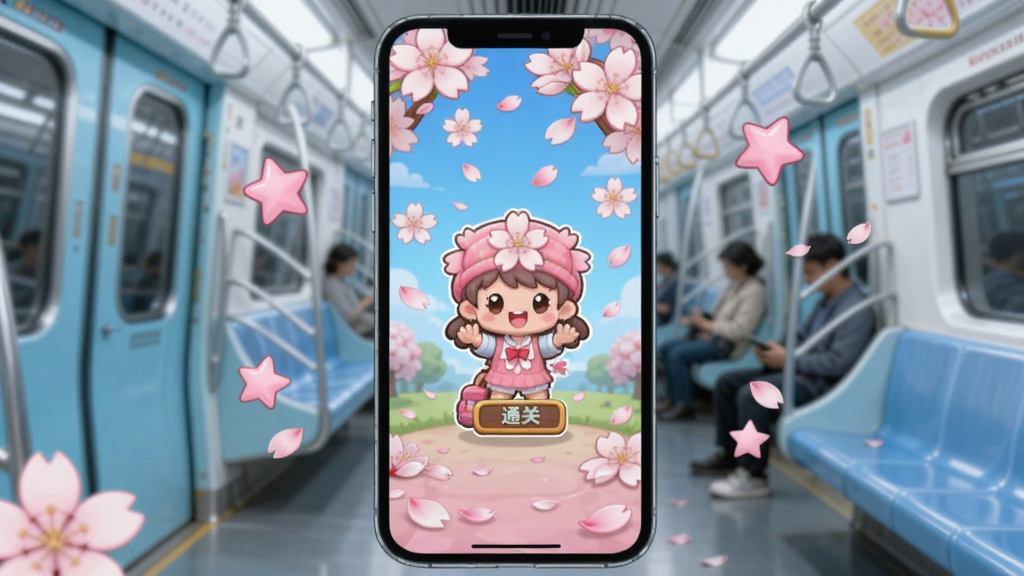 樱花迷你秀离线小游戏运行场景预览图,画面主体居中为一部竖屏智能手机,屏幕中显示樱花迷你秀迷你游戏通关画面与飘落的樱花特效,手机四周坐标区域点缀粉色星星与樱花花瓣,背景区域为虚化的浅蓝色地铁车厢,突出无网络也能流畅游玩的氛围,写实与卡通结合风格,光影柔和