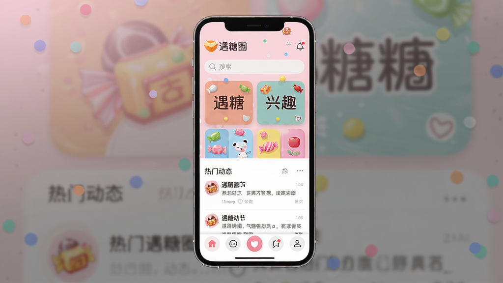 竖版手机应用界面预览图,画面主体位于画面中央坐标区域,一部智能手机屏幕展示遇糖圈App主界面,屏幕顶部为遇糖圈标志文字与搜索栏,中部排列多个糖果色兴趣圈子卡片与热门动态信息流,底部为圆形导航按钮,背景区域为柔和的浅粉色渐变光效并点缀彩色圆点元素,整体风格清新活泼,高清UI设计截图质感
