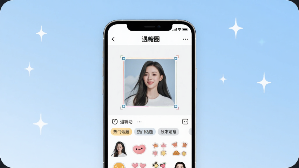 手机竖屏构图预览图,主体位于画面中央偏上位置,展示遇糖圈动态发布编辑页面,屏幕中有图文编辑框、热门话题标签按钮与贴纸选择面板,顶部显示遇糖圈标识,背景为浅蓝色渐变并散落星光点缀,整体风格年轻明亮,界面细节清晰可见