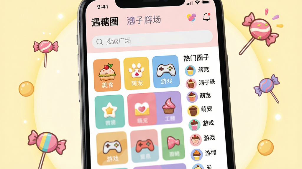 糖果色社交应用界面特写图,画面主体居中,手机屏幕展示遇糖圈圈子广场页面,顶部写着遇糖圈三个字与搜索框,屏幕内整齐排列美食、萌宠、游戏等彩色圈子标签卡片,右侧配有热门圈子榜单列表,背景为淡黄色柔和光晕与漂浮的糖果插画,界面清晰、细节丰富