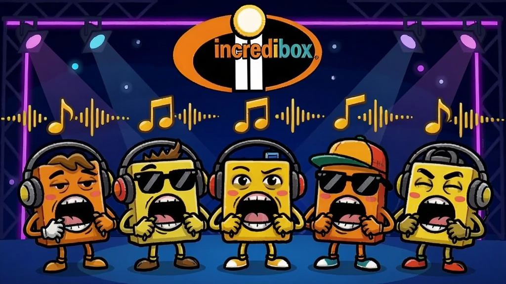 以Incredibox节奏盒子为主题的音乐游戏插画,画面主体位于横向20%至80%、纵向45%至88%区域,一排七个美式卡通风格的beatbox小人并排站立,分别戴着耳机、墨镜和鸭舌帽,张嘴做出打节拍的夸张表情,头顶漂浮金色音符与声波曲线;背景区域为横向0%至100%、纵向0%至45%,深蓝色夜空舞台配霓虹紫光灯带与聚光光束,画面正上方有醒目的Incredibox英文标志,整体扁平手绘插画风格,主色调为深蓝、明黄与橙红,细节丰富,节奏感十足