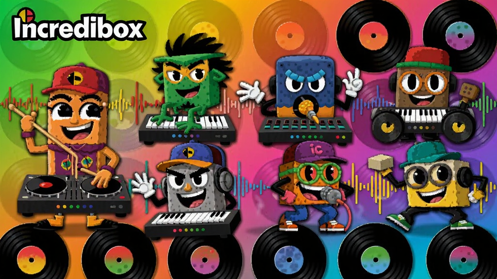 Incredibox八大音乐版本主题拼贴插画,画面主体居中横向15%至85%、纵向30%至85%,八个造型各异的卡通beatbox角色分别代表爵士、桑巴、电子、嘻哈等曲风,各自摆出打碟、敲节拍、说唱的动作,角色之间用彩色声波线条相连;背景区域横向0%至100%、纵向0%至30%为渐变唱片墙与黑胶唱片图案,左上角标注Incredibox英文字样,扁平矢量插画风格,色彩明快饱和,充满街头音乐氛围