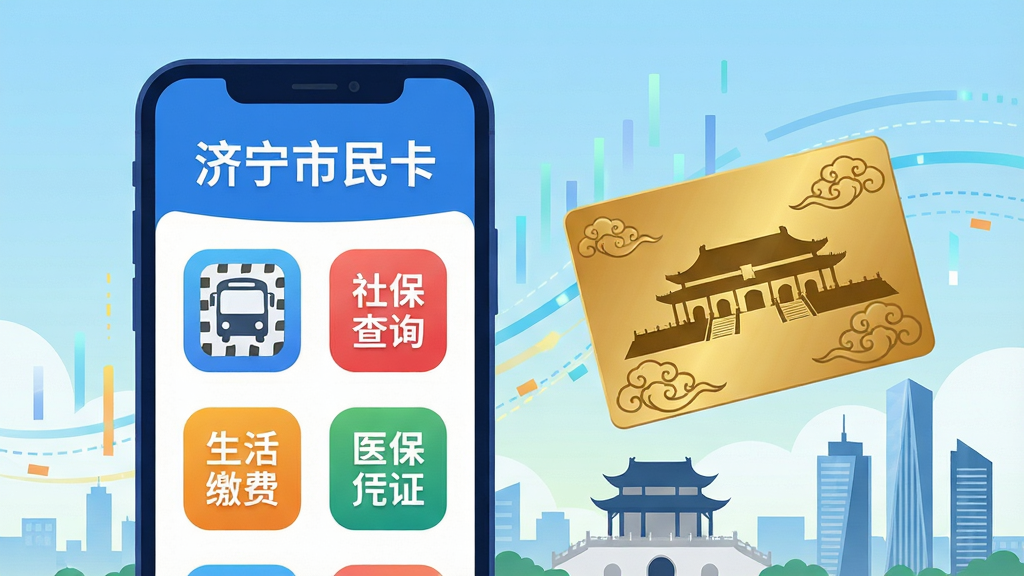 济宁市民卡APP手机应用宣传插画,画面主体居中偏左坐标(0.38,0.52)位置竖立一部深蓝色边框智能手机,屏幕清晰展示济宁市民卡APP主界面,界面顶部为蓝色横幅写有济宁市民卡五个大字,下方整齐排列公交乘车码、社保查询、生活缴费、医保凭证四个彩色圆角图标,手机右侧坐标(0.72,0.42)悬浮一张烫金色实体市民卡片,卡面印有孔庙大成殿剪影与祥云纹样,背景区域为浅蓝色渐变天空与济宁城市天际线,远处可见太白楼与现代化高楼轮廓,点缀飘动的数据流光线,扁平矢量插画风格,色调清新明亮,构图饱满,高分辨率细节