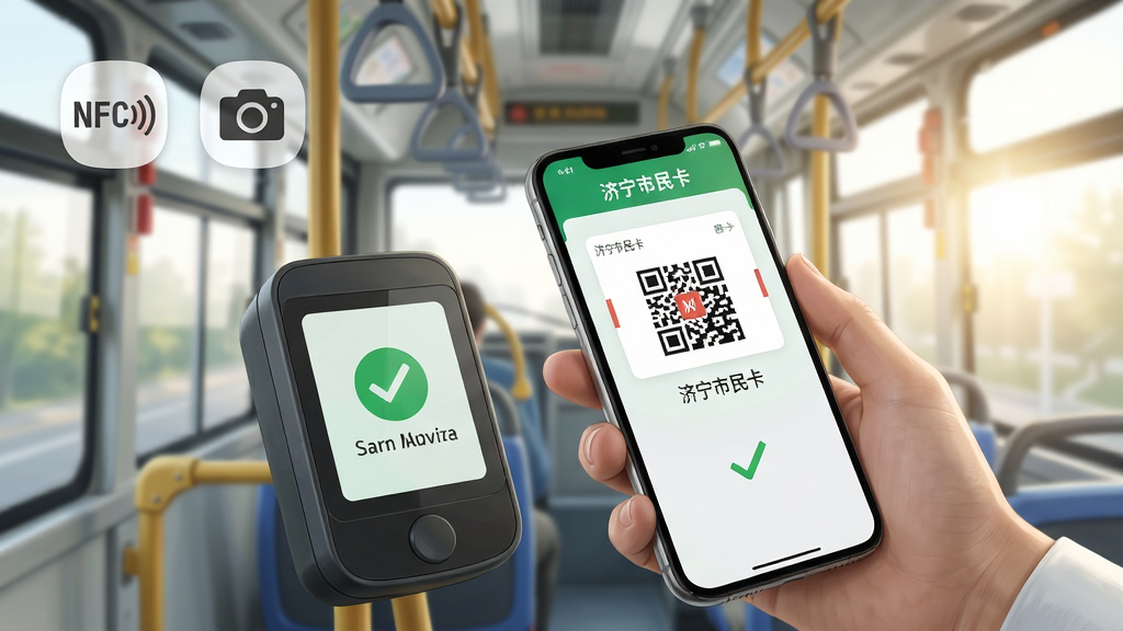 济宁市民卡APP使用教程场景插画,画面主体坐标(0.5,0.5)为一只手握着手机对准公交车载扫码机的特写镜头,手机屏幕显示济宁市民卡乘车码与绿色支付成功对勾界面,背景区域虚化为公交车内部扶手栏杆与明亮车窗,车窗透进柔和清晨日光,画面左上角悬浮NFC感应与相机权限两个小图标元素,写实风格插画,色调清爽干净,细节逼真自然