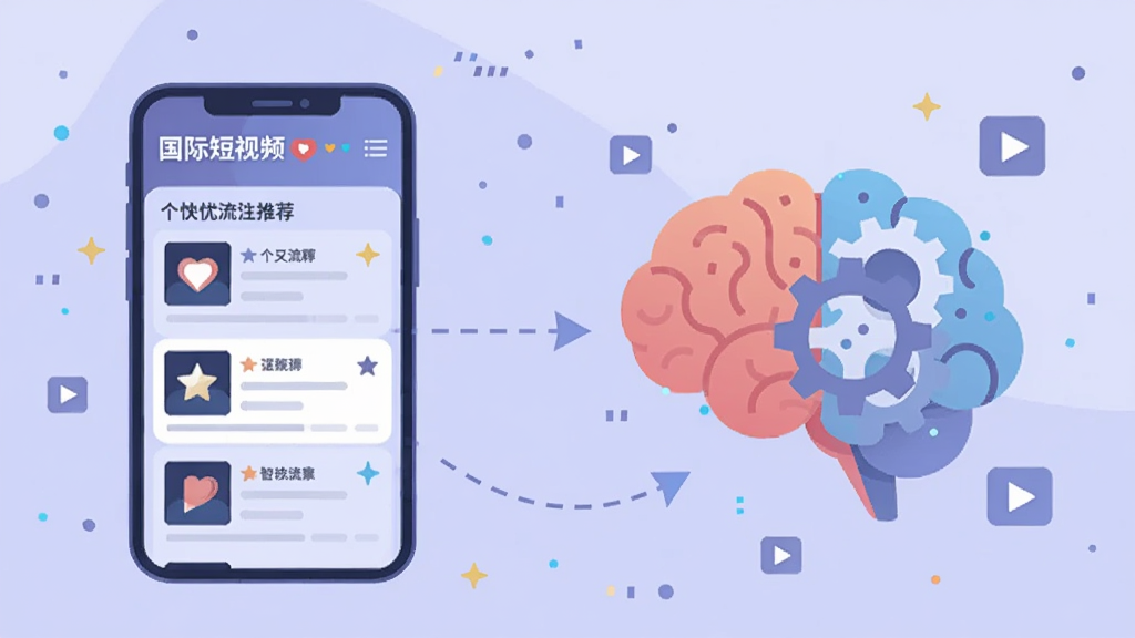 画面左侧是一部标注国际短视频的手机,屏幕中显示带爱心和星星标记的个性化推荐流界面,右侧区域绘制大脑与齿轮组合的扁平插画象征智能算法,中间用虚线箭头连接,背景为淡紫色渐变底图并点缀细小的数据点与播放按钮图标,科技风扁平插画,色彩柔和