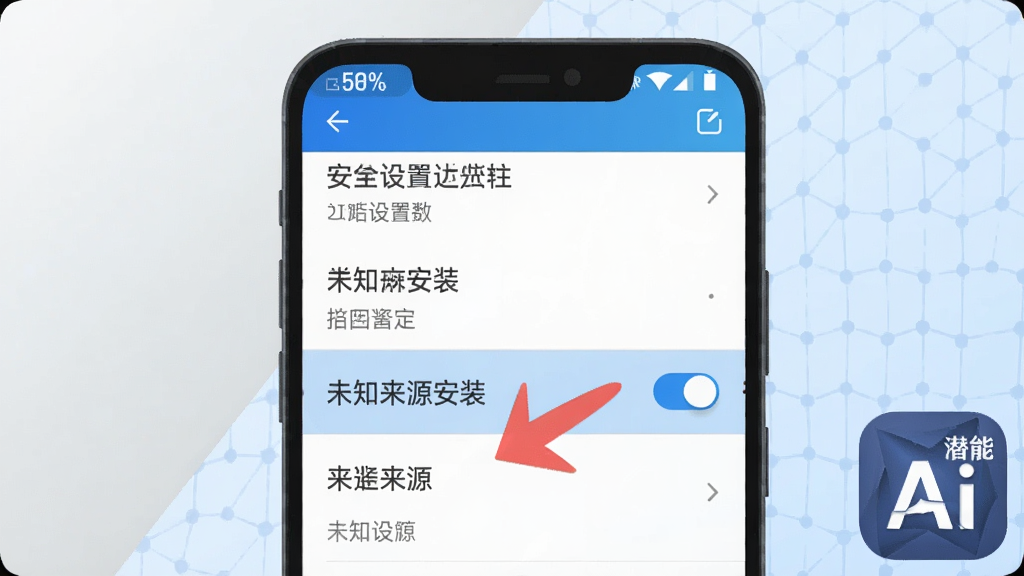 安卓手机系统设置页面示意图,画面主体手机屏幕位于坐标(50%,48%)位置,屏幕显示中文安全设置菜单,列表中高亮显示未知来源安装选项并配有开启状态的蓝色开关,一支红色箭头指向该开关,屏幕右下角弹出潜能Ai应用图标,背景为浅灰色渐变与淡蓝网格纹理,高清扁平风格插画