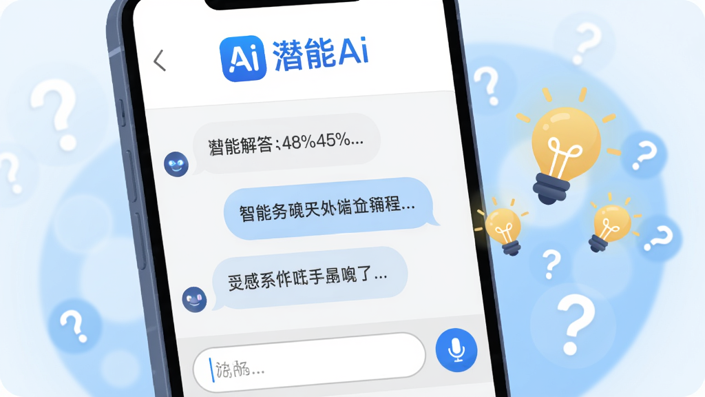 潜能Ai智能问答界面特写,画面主体为手机屏幕聊天窗口位于坐标(48%,45%)区域,屏幕上方是潜能Ai蓝色标志,中部展示三组一问一答的圆角气泡,文字排版清晰,底部为输入框与语音按钮,屏幕右侧飘出几个发光的小灯泡与问号图标象征灵感解答,背景为浅蓝渐变的柔和光斑区域,高清扁平插画风格