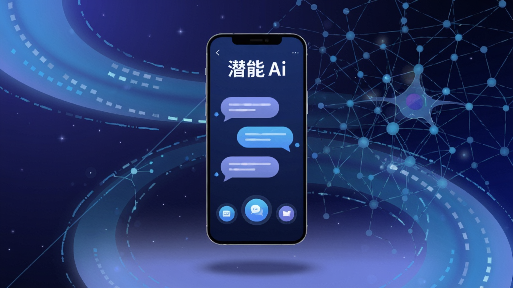 竖屏智能手机悬浮在画面中央坐标(50%,42%)位置,屏幕中展示潜能Ai深蓝色主界面,顶部清晰显示潜能Ai白色字体标志,屏幕内排列圆角聊天气泡与发光的圆形对话按钮,背景为占据画面四周的深蓝渐紫科技星空,环绕淡蓝色数据流光带与细密神经网络线条,手机下方带柔和投影,整体高清细腻,扁平插画质感,蓝紫色调为主