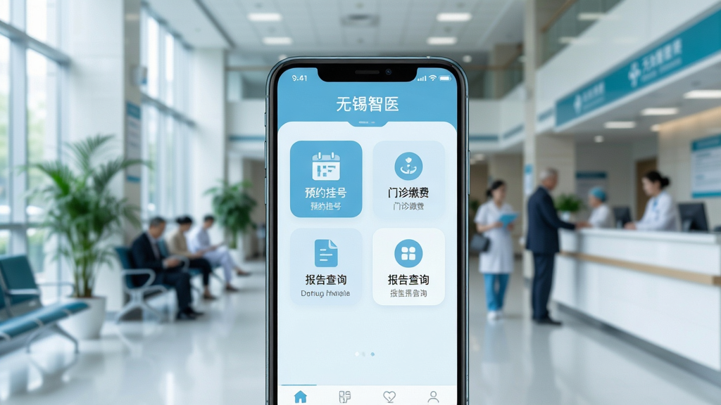 竖立的智能手机位于画面正中央约占屏幕三分之二面积,手机屏幕显示无锡智医应用主界面,浅蓝色医疗风格UI界面上整齐排列着预约挂号、门诊缴费、报告查询等功能图标,背景为明亮现代的医院大厅,有虚化的就诊人群与绿色盆栽,柔和自然光从左侧照入,真实摄影风格,冷色调,高清细节