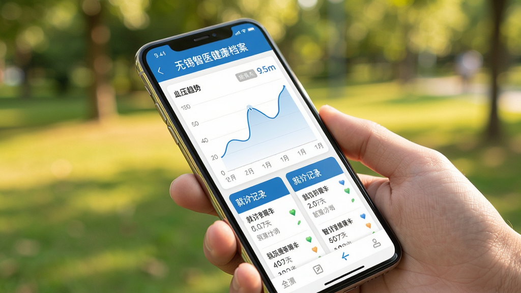 手机屏幕展示无锡智医健康档案页面,屏幕上显示蓝色血压趋势折线图与整齐排列的就诊记录卡片,手机被一只手以轻微角度握持,背景为虚化的公园绿植,自然光线,真实摄影风格,色调温暖明亮,图表线条清晰流畅,高清画质