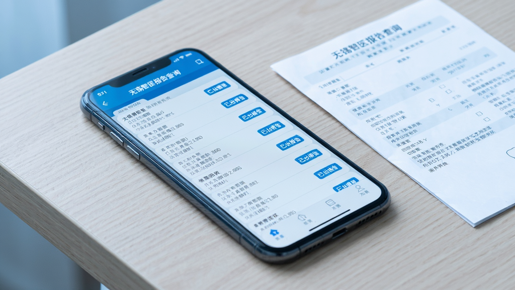 手机屏幕显示无锡智医报告查询页面,屏幕中央展示多份检验报告列表并带有蓝色已出报告状态标签,手机以四十五度角平放在浅色木质桌面上,旁边摆放一张白色纸质化验单,背景干净整洁,柔和顶光照明,真实摄影风格,冷色调,细节丰富