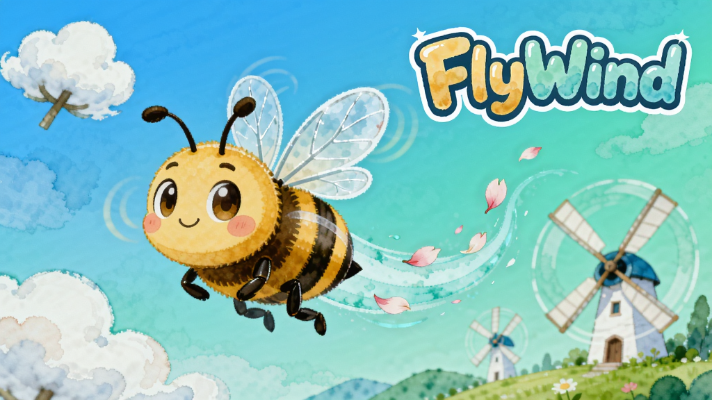 FlyWind��Ϸ���Ӿ�����ͼ��������������λ�ڻ�������ƫ��(38%,45%)����һֻԲ��ɰ��Ŀ�ͨ��ɫС�۷�����͸�����˷���У������ϳ�����ɫ��֮�켣��Ʈ�仨�꣬��������Ϊ���������½�������������������գ�Ư���޻����ƶ䡢Զ�����ɽ���뻺����ת�İ�ɫ�糵�����Ͻ�Ԥ��FlyWind�����ֱ��������ֻ�ˮ�ʲ廭��񣬸߱�������ɫ������͹����ʸУ�16:9��湹ͼ��ϸ�ڷḻ����
