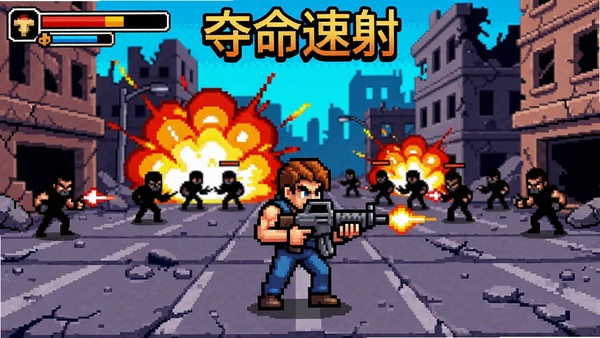 提示词:夺命速射游戏主界面,一名持枪角色站在废墟街道中央,背景是爆炸火焰和大量敌人,像素风格,色彩鲜艳,画面充满动感。