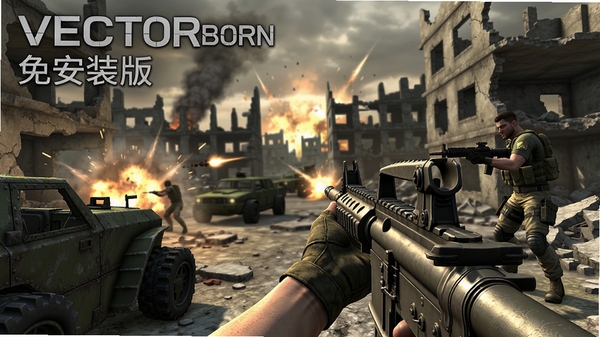 Vector Born英文免安装版,第一人称射击游戏,战场画面,主角持枪瞄准,背景废墟,高清画质