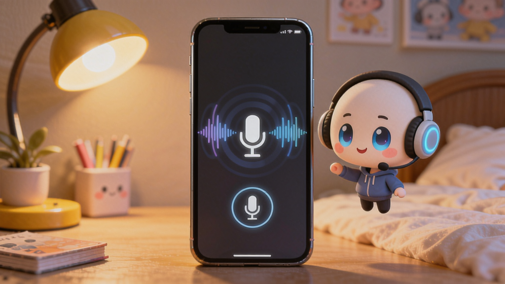 AI游戏伙伴语音对话功能演示图,画面正中是一台竖立的智能手机,屏幕显示发光的麦克风按钮与跳动的声波涟漪,手机旁漂浮着戴耳机的Q版AI角色,背景为温馨的卧室书桌场景,暖黄色台灯光晕,精致插画风格,色彩柔和明亮,4:3竖版构图
