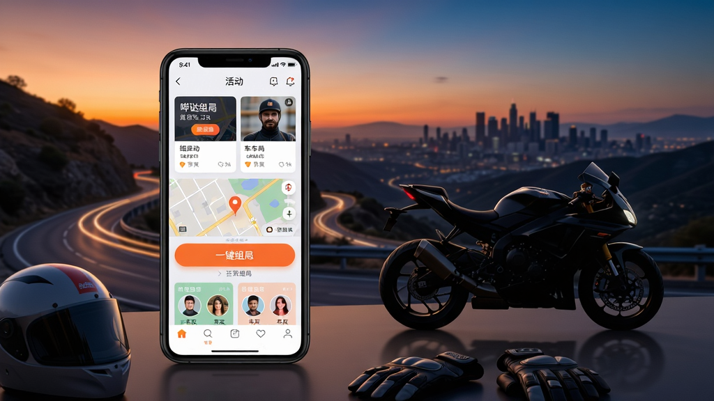 哔哒组局APP产品宣传图,画面主体坐标居中偏左(38%,42%)位置竖立一台黑色全面屏智能手机,屏幕内清晰展示哔哒组局软件主界面,包含组局活动卡片列表、橙色一键组局按钮、地图定位标记与车友头像,手机右侧坐标(72%,55%)处停放一辆运动摩托车剪影,背景区域为黄昏时分的盘山公路与城市天际线,天空由暖橙色渐变至深蓝色,远处可见骑行灯光轨迹与山峦轮廓,前景点缀头盔与骑行手套装备,现代科技感产品渲染风格,高清细腻,光影柔和自然
