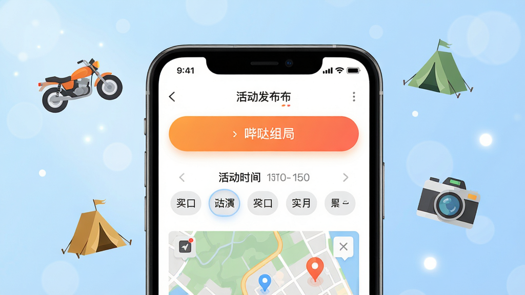 哔哒组局一键组局功能演示图,画面中央为手机屏幕特写,屏幕展示哔哒组局软件的活动发布页面,橙色渐变组局按钮、活动时间选择器与地图选点界面清晰可见,屏幕四周漂浮摩托车、帐篷、相机等扁平化图标,浅蓝色渐变背景带细腻光斑,UI界面现代简洁,高清产品截图风格