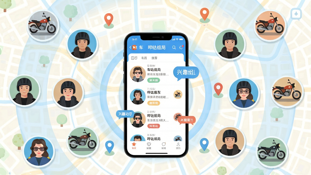 哔哒组局同城车友匹配功能展示图,画面中央为哔哒组局APP界面,展示车友推荐列表与兴趣标签气泡,周围以同心圆波纹形式扩散出多个车友头像与摩托车型图标,背景为浅色调城市地图纹理并点缀定位图钉元素,配色清新明快,扁平插画风格,细节精致