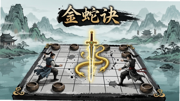 金蛇诀游戏主界面,武侠水墨风格,棋盘上侠客对战的场景,背景为青山绿水,画面中央有金蛇剑发光特效,整体风格古典,使用Boogu模型生成
