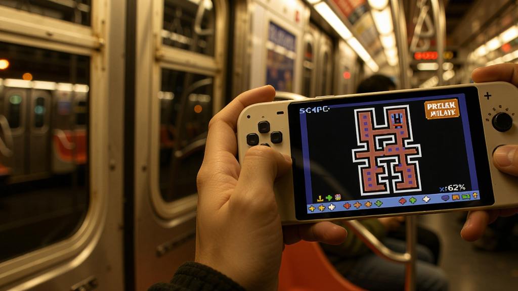 Brick Game Simulator�������泡��,��������λ���Ҳ�(Լx:62%,y:50%),һֻ�ֺ����ֻ������ƻ�ģ����,��Ļ��ʾ����̰���߻��沢�������߱�ʶ,��౳��(Լx:18%)Ϊ�黯�ĵ��������⾰��ůɫ�ƹ�,ҹ����Χ,ǳ����,дʵ��Ӱ���,ɫ����ů