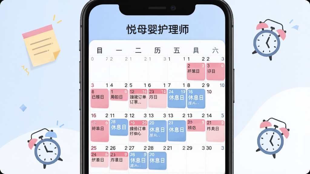 悦母婴护理师APP档期日历功能界面展示图，手机屏幕占据画面主体位置，屏幕上是一整月的日历视图，不同日期格子里用粉色、蓝色色块标记已接订单与休息日，屏幕上方有悦母婴护理师字样的标题栏；背景是淡蓝色到白色的柔和渐变，四周漂浮着便签纸与闹钟的简约图标，扁平插画风格，画面清爽整洁