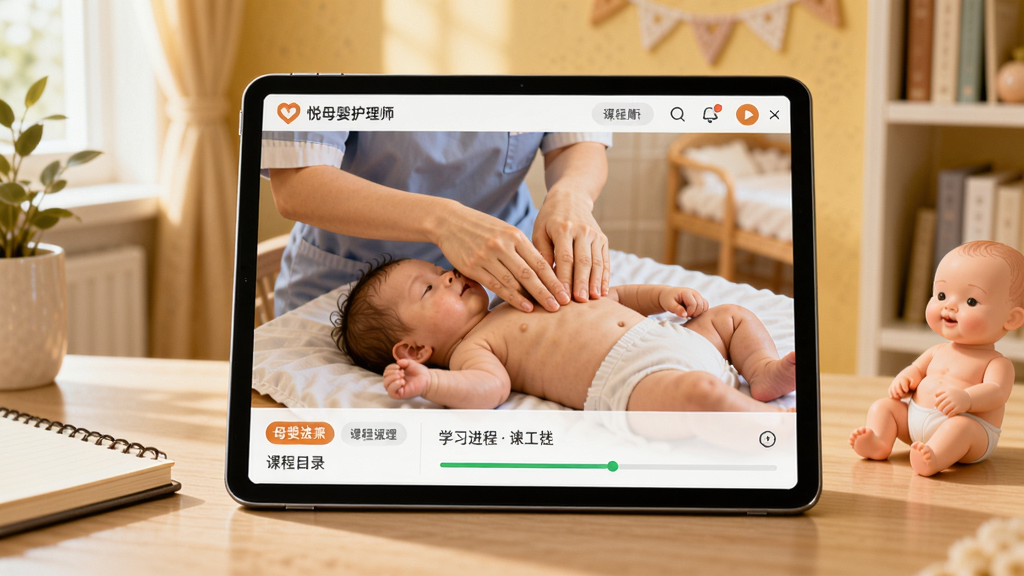 悦母婴护理师APP在线培训课堂界面，画面主体为横放在书桌上的平板电脑，屏幕里正在播放母婴护理教学视频，视频画面是护理师演示婴儿抚触手法，屏幕下方有课程目录与学习进度条；背景为浅暖黄色的温馨书房场景，桌面上摆放着笔记本与婴儿模型道具，柔和自然光照射，写实与插画结合风格，细节丰富