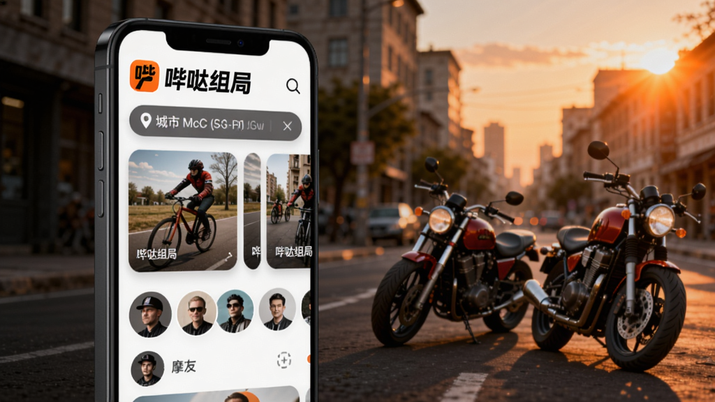 哔哒组局手机应用主界面宣传图,画面中央偏左竖立一部深灰色全面屏智能手机,屏幕亮起展示哔哒组局APP首页,顶部为橙黑配色的哔哒组局标志与城市定位栏,中部排列多张骑行局卡片及摩友头像,右侧三分之一区域为虚化的黄昏城市街道并停放两辆摩托车,暖橙色夕阳光晕从画面右上角铺开,高清产品渲染风格,色彩明快细节丰富