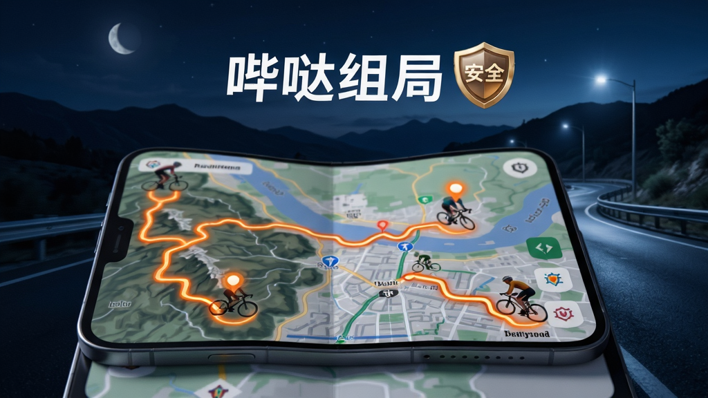 哔哒组局骑行路线共享功能宣传图,画面中央为展开导航地图的智能手机,一条橙色高亮骑行路线从城市延伸至西部山区,路线上分布四个移动中的骑手定位光点,手机上方悬浮哔哒组局文字标识与盾牌安全图标,背景为夜色下的柏油公路与远处山峦剪影,冷色调夜景与橙色路线形成强烈对比,高清渲染质感
