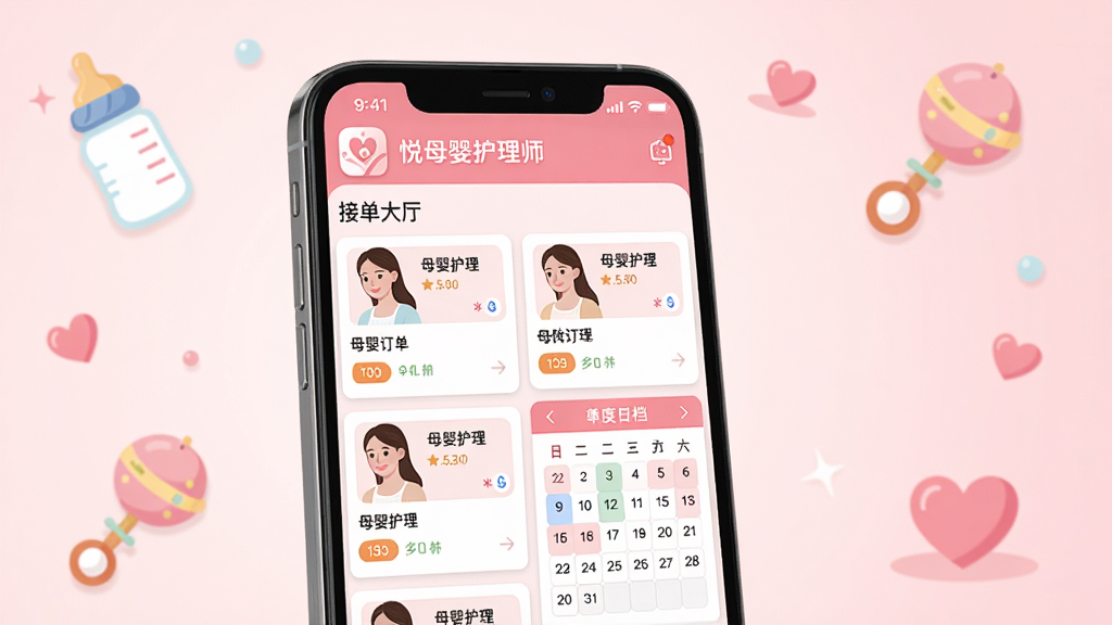 移动端母婴护理类手机应用悦母婴护理师的整体界面预览图,画面主体为一部竖屏智能手机,位于画面中央偏左的坐标位置,手机屏幕展示粉白配色的接单大厅页面,顶部有悦母婴护理师应用图标与名称,屏幕内整齐排列着多张母婴护理订单卡片与月度日历档期模块,背景区域为柔和的浅粉色渐变,点缀奶瓶、婴儿摇铃、爱心等扁平插画元素,整体风格温馨专业,高清产品宣传图风格