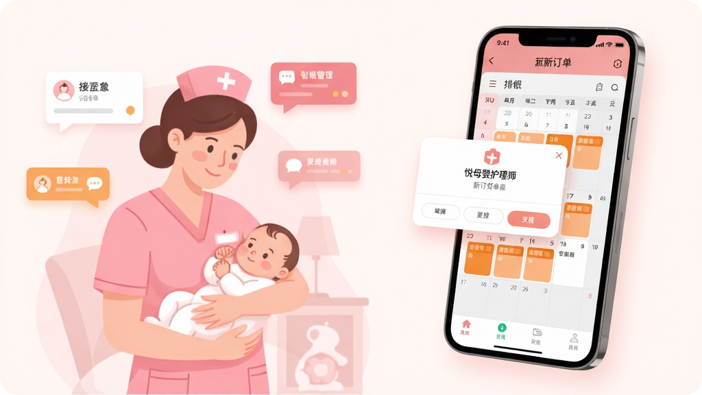 悦母婴护理师手机应用的智能接单与档期管理功能展示图,画面主体为一部悬浮的竖屏智能手机位于画面右侧,屏幕显示新订单派单弹窗与月度日历排班界面,已接订单用暖橙色色块标记,左侧背景区域绘制半透明的母婴护理场景插画,一位身穿粉色制服的护理师温柔抱着婴儿,周围漂浮订单卡片与消息气泡图标,粉白暖色调,扁平插画风格,细节丰富