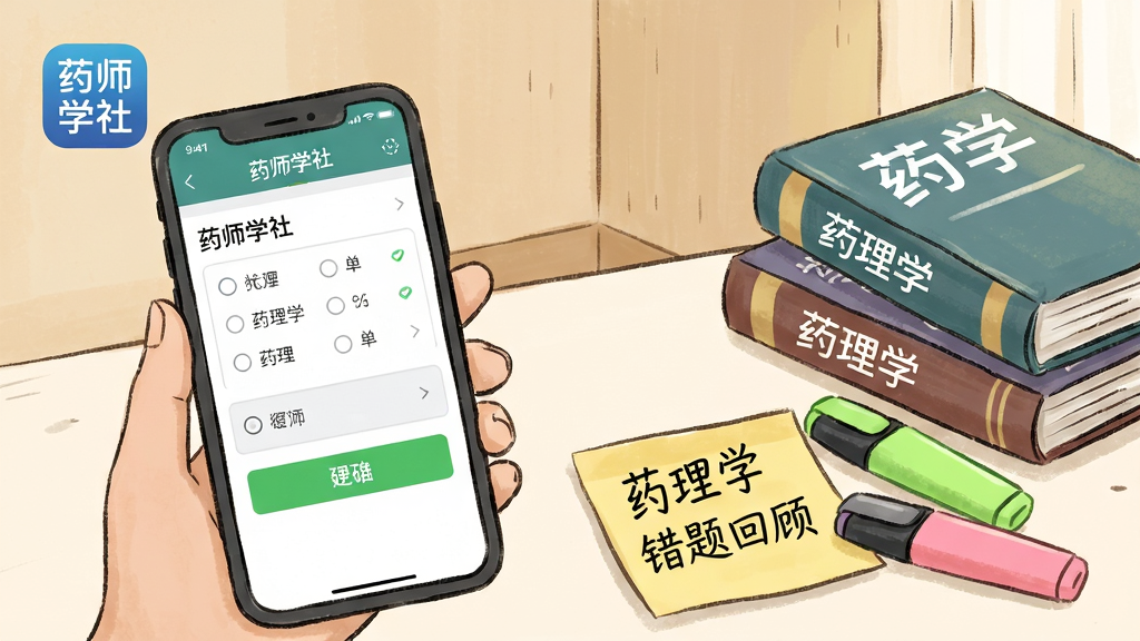 清新手绘风格学习场景图,画面左侧为打开的药师学社手机应用刷题界面,显示单选题目与绿色正确标识,右侧堆叠药学教材与彩色荧光笔,桌面便签纸写有药理学与错题回顾字样,背景为温暖米色书房一角,光线柔和,构图平衡,软件名称以应用图标形式自然呈现,细节清晰
