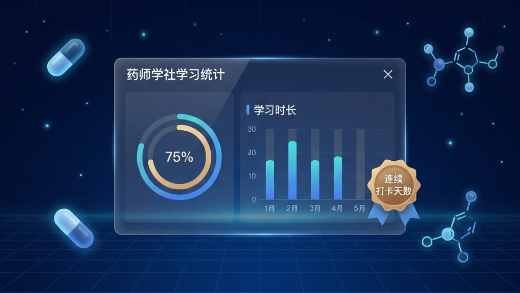 简约科技风信息图,画面主体为一块悬浮于构图中央的半透明数据仪表盘,展示药师学社学习统计界面,包含环形进度图、柱状学习时长图表与连续打卡天数徽章,背景为深蓝渐变的夜空网格,点缀发光的药丸与分子结构线条,整体突出数据化学习氛围,画面干净,细节精致