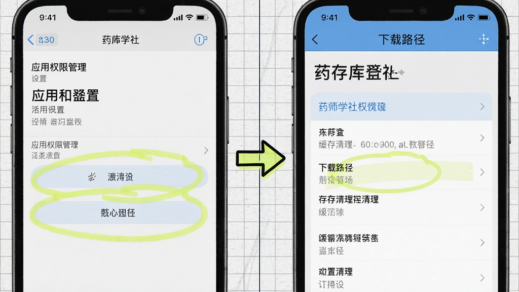 实用教程风格分屏示意图,画面分为左右两栏,左栏展示手机设置中的应用权限管理界面,右栏展示药师学社缓存清理与下载路径设置页面,中间以箭头连接示意操作步骤,背景为浅灰网格纸质感,配少量荧光笔标注圈出关键按钮,风格简洁明了,信息层次清晰,细节真实