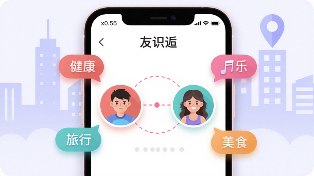 ��ʶ��ͬ����Ȥƥ�书����ʾͼ���ִ�UI�廭��񣬻�����������x0.5 y0.5Ϊ��ʶ��APPƥ����棬��Ļ��������Բ���û�ͷ�񱻷�ɫ�������ӣ���Χ���ƽ��������֡����С���ʳ��ɫ��Ȥ��ǩ���ݣ���������x0.5 y0.15����Ϊ����ɫ��������߼�Ӱ�붨λͼ��ͼ�꣬������ɫ���������������Ӱ������ϸ��