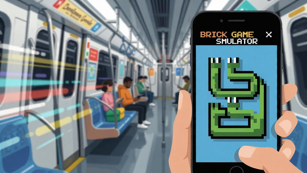 轻量化手机游戏宣传图,画面主体位于右侧(坐标x:640,y:380),一只手持手机正在离线运行Brick Game Simulator贪吃蛇模式,屏幕显示像素小蛇盘旋画面,左侧背景区域为地铁车厢虚化场景与流动光斑,突出随时随地畅玩的氛围,现代扁平插画风格,色彩明快