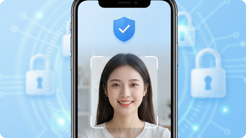 ��ʶ��APP������֤���ܽ���չʾͼ����������Ϊ�ֻ���Ļ��дλ�ڻ�����������λ�ã���Ļ����ʾ��ʶ����ɫ������״������֤��ʶ������ʶ��ȡ����һλ����Ů������׼��ͷ΢Ц�����֤����Ļ�Ϸ���������������ɫ�Թ�ͨ����ʾ������Ϊǳ��ɫ�Ƽ��н����Ч���黯��ȫ��ͼ�꣬�����רҵ������UI�����ͼ���