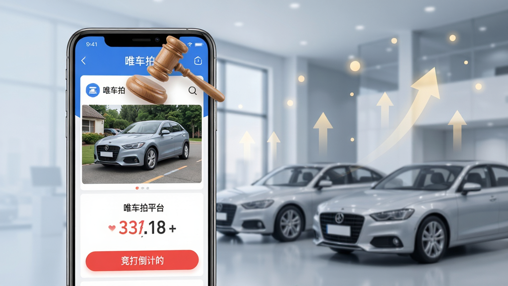 唯车拍二手车竞拍平台宣传主图,画面主体为一部竖立的智能手机,位于画面中央偏左约三分之一处,手机屏幕清晰展示唯车拍APP竞拍页面,包含车辆实拍照片、跳动的出价数字与红色竞拍倒计时按钮,屏幕上方悬浮一枚木质拍卖锤图标;主体右侧及背景区域为浅灰蓝渐变色调的现代化汽车展厅,停放两辆银色轿车虚化剪影,空中点缀淡金色光点与上升箭头元素,整体构图平衡,蓝白主色调,柔和自然光影,高清产品级渲染风格