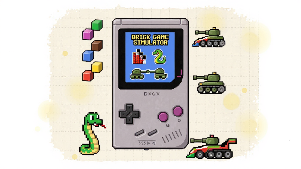 �������ط����Ϸ�ϼ���������������ƫ��λ����һ̨���ŵľ����ƻ�����Ļ��ʾBrick Game Simulator���˵����˵��������Ŷ���˹���顢̰���ߡ�̹�˴�ս����Ϸͼ�꣬�ƻ����ܻ����Ÿ�������СԪ�أ�����Ĳ�ɫ���顢��ɫС�ߡ�����̹��������������Ϊǳ��ɫ����ֽ��������׺����ɫ��ߣ��������׳��㣬����Ϊ��ƽ�廭���ɫ������