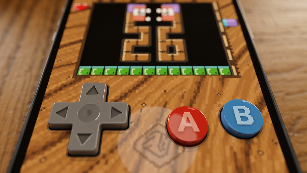 ��Ϸ����������д��Ⱦͼ����������Ϊ�ֻ���Ļ�ϵ�Brick Game Simulator���ⰴ������λ�ڻ��������룬����ǻ�ɫʮ�ַ�������Ҳ��Ǻ�ɫA������ɫB��������������΢������Ӱ�밴ѹ�߹⣬��Ļ�ϰ벿����ʾ���ڽ��е�̰�������ػ��棬����Ϊ�黯��ůɫľ�����棬����Ч�����ԣ�дʵ���ϸ�ڷḻ