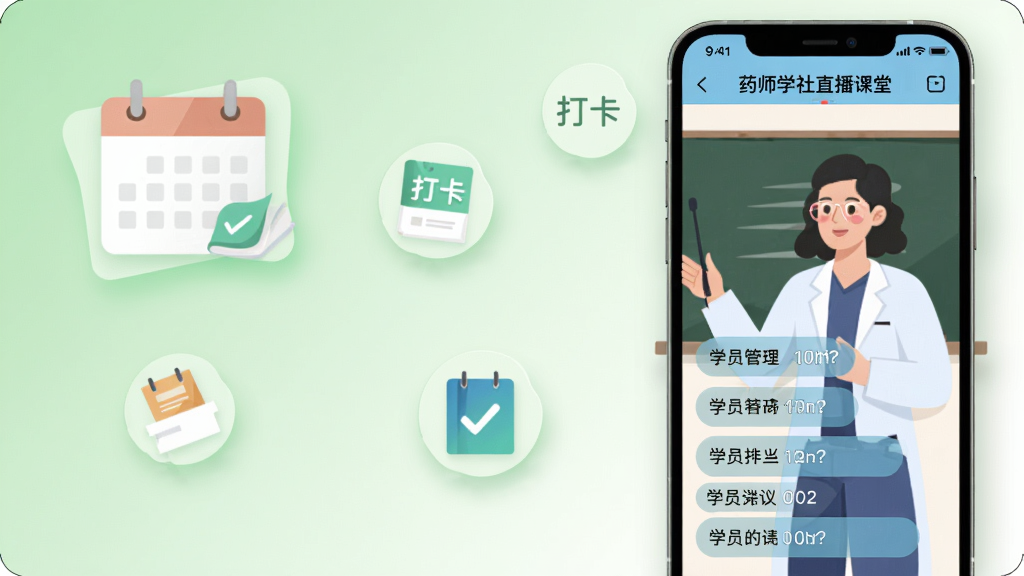 药师学社直播课堂功能界面,手机竖屏置于画面偏右位置,屏幕内讲师正在直播讲解药事管理法规考点,弹幕讨论区滚动学员提问,左侧背景为浅绿色渐变,点缀日历提醒与打卡图标元素,现代扁平插画风格,光影柔和画面生动