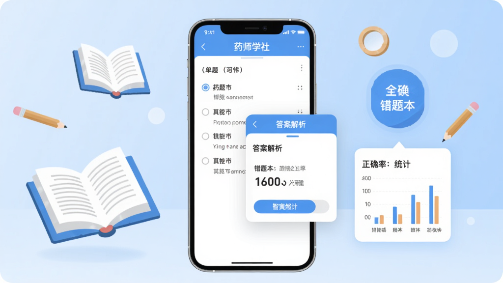 药师学社APP智能刷题功能界面,手机屏幕位于画面中央,显示单选题答题页面与答案解析弹窗,右侧悬浮错题本图标与正确率统计图表,背景为浅蓝色渐变学习场景,漂浮书本与铅笔元素,扁平化设计风格,色彩清爽细节精致
